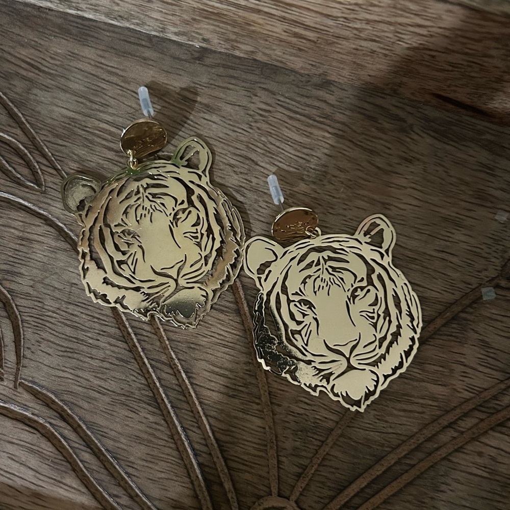 Gold Tiger Face Earrings